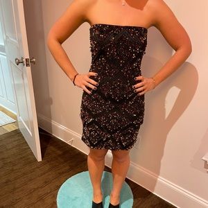 All Saints strapless sequin dress. Sequins are black, gold & red. Amazing dress!